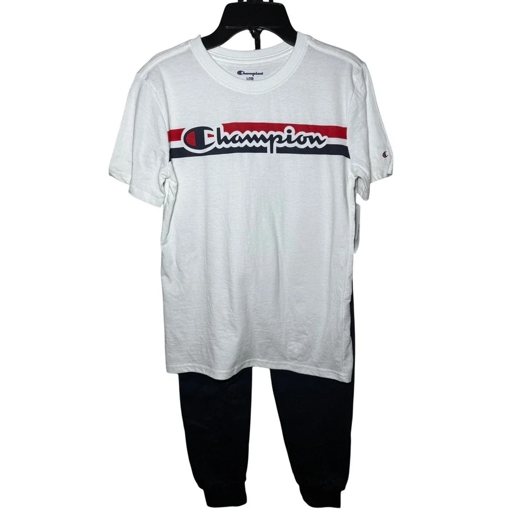 Champion 2pc Joggers Set Boys Size Large(12) White T-Shirt Navy Blue NWT